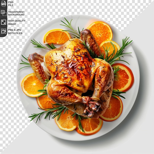 A roasted chicken on a plate or wood on a white background