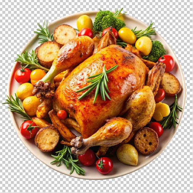 PSD roasted chicken and vegetables on transparent background