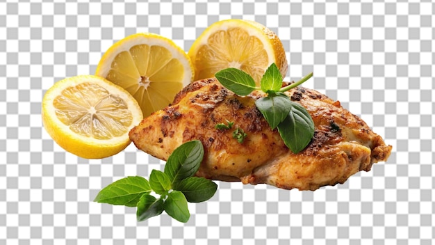 PSD roasted chicken with lemon isolated on transparent background