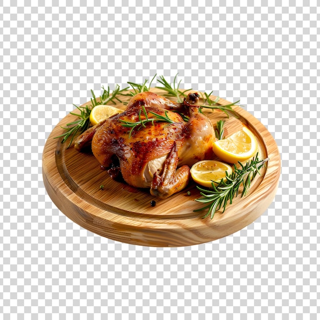 PSD a roasted chicken on a wooden plate on a white background