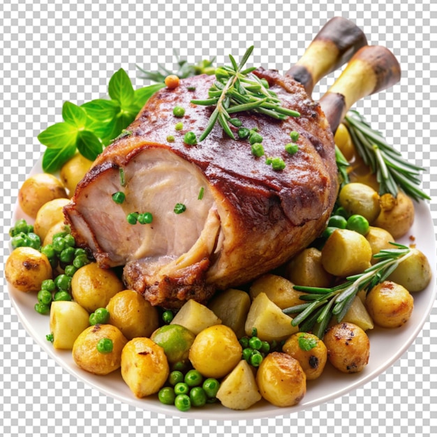 PSD roasted lamb leg with potatoand green peas transparent background