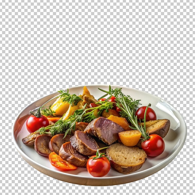 PSD roasted meat and vegetables with herbs on a white