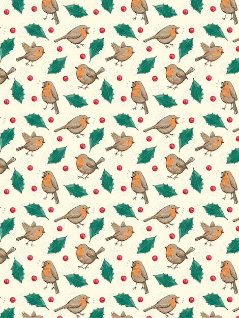 Robin bird and American holly leaf pattern psd