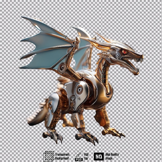 PSD a robot dragon with a sleek metallic body and wings that unfold with a mechanical hiss