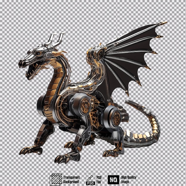 PSD a robot dragon with a sleek metallic body and wings that unfold with a mechanical hiss