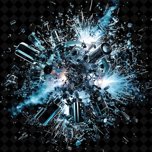 Robot Explosion With Metal Parts Sparks and Wires Metallic S PNG Neon Effect on Dark Background