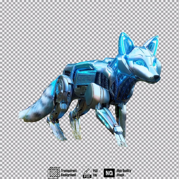 A robot fox with sleek silver fur and neon blue accents sneaking through a digital forest