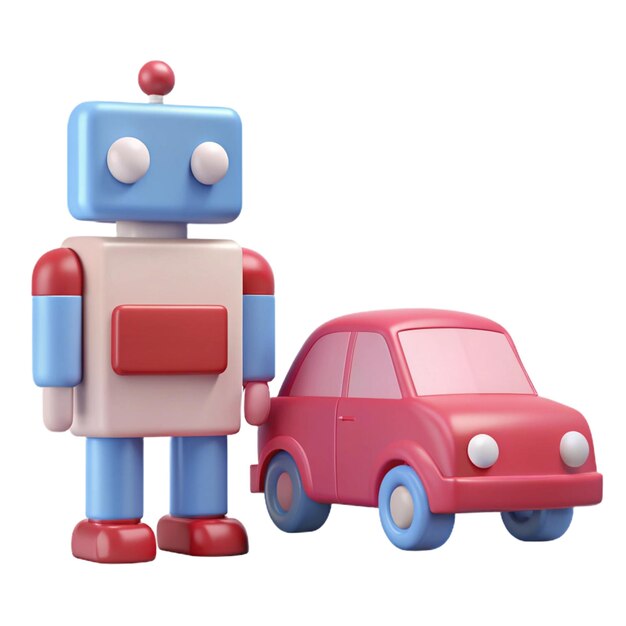 a robot next to a red car and a red car