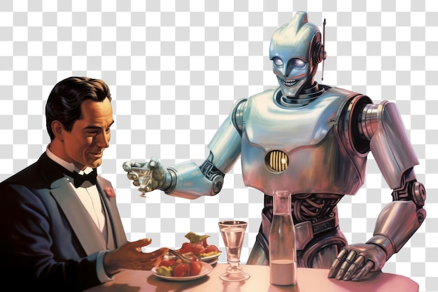 Robot serving dinner to man