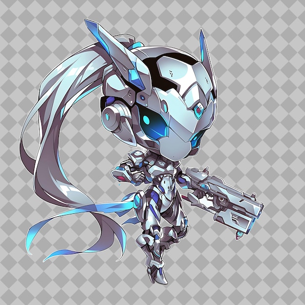 PSD a robot with a blue head and a silver body with a blue and green design