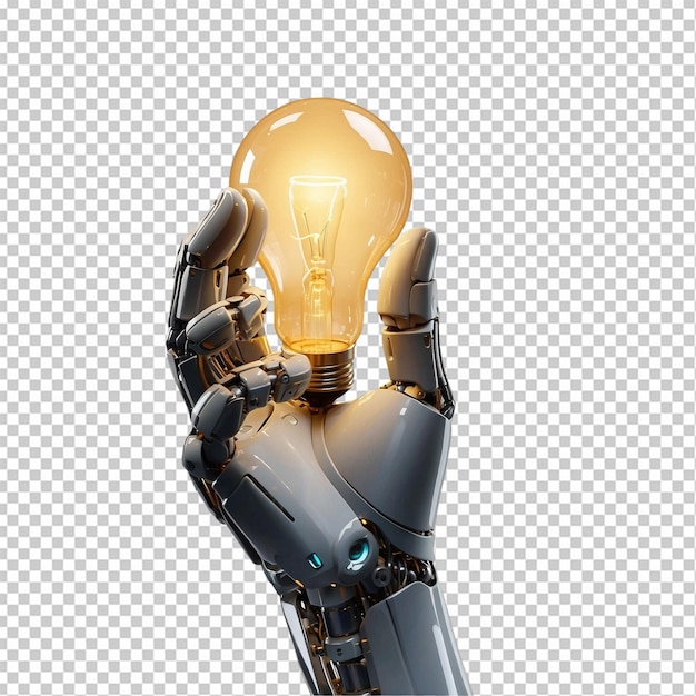 Robotic hand holding a glowing light bulb