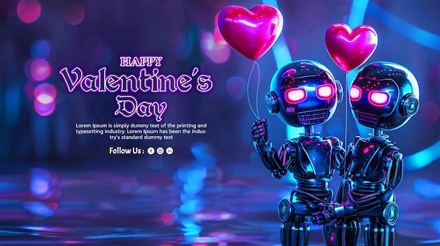 PSD robotic lovers happy valentines day theam artificial intelligence digital technology greeting card