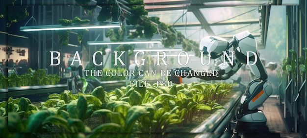 PSD robots tending to plants in a futuristic greenhouse