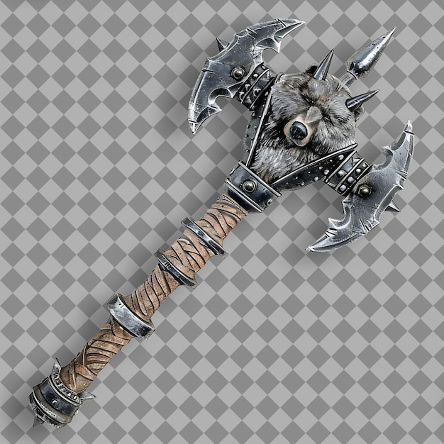 PSD robust iron spiked mace etched with a bears paw and capable png game asset on clean background