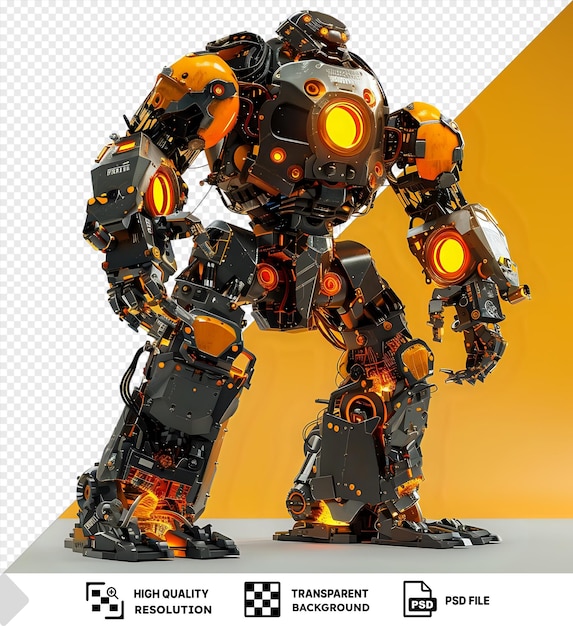 PSD a robust powerful robot stands tall in a futuristic pose against a vibrant yellow background isolated on transparent background