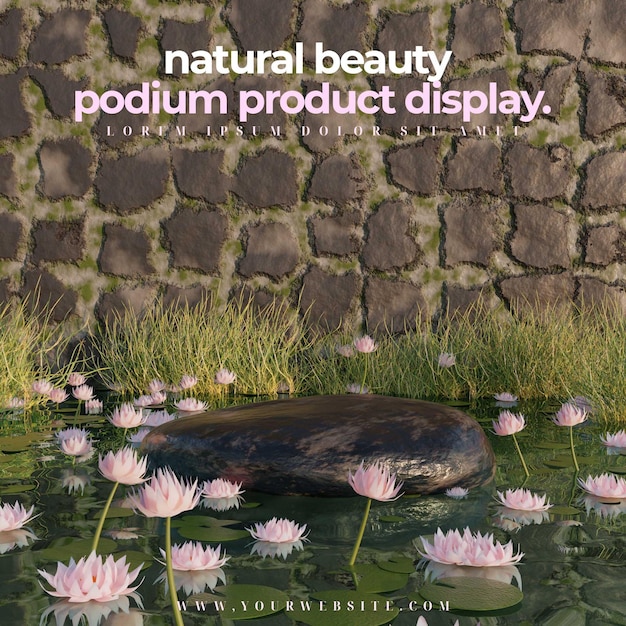 ROCK PODIUM WITH LOTUS AND GRASS IN WATER FOR PRODUCT PRESENTATION