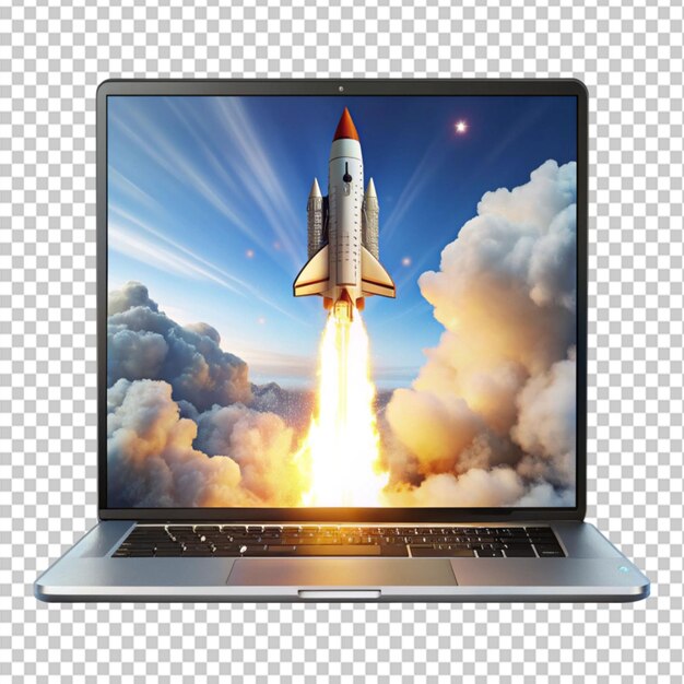 PSD a rocket blasting off from a laptop screen on transparent background