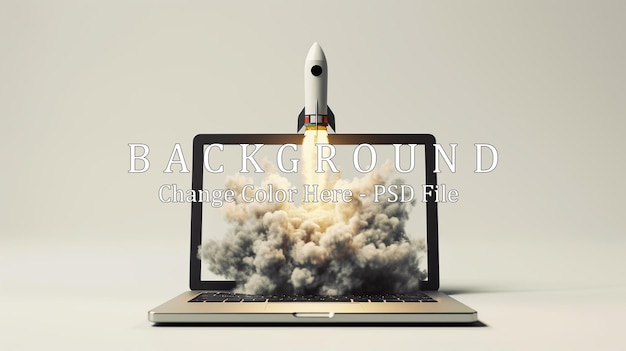 PSD rocket with a cloud of smoke and blast takes off from a laptop successful business project concept