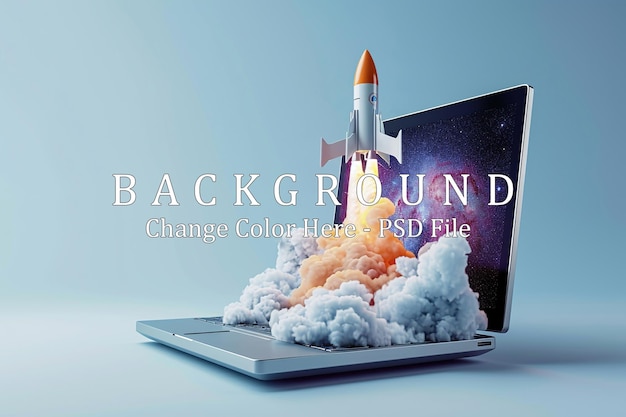 Rocket with a cloud of smoke and blast takes off from a laptop Successful business project concept