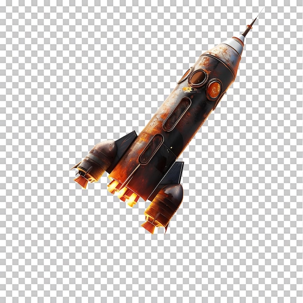 A rocket with a flame effect on the bottom against white background