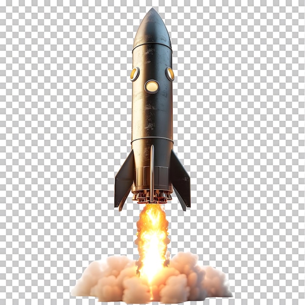 A rocket with a flame effect on the bottom against white background