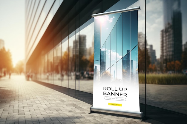 A roll up banner on a city street