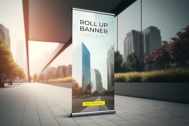 A roll up banner on a city street