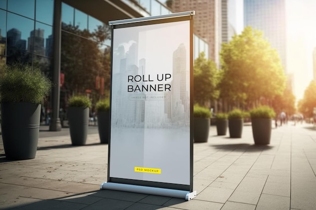 A roll up banner on a city street