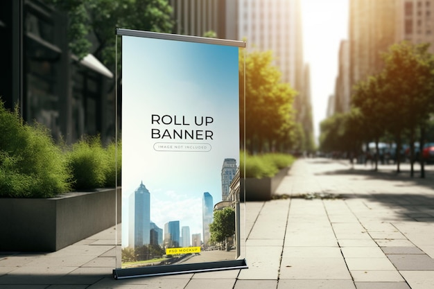 A roll up banner on a city street