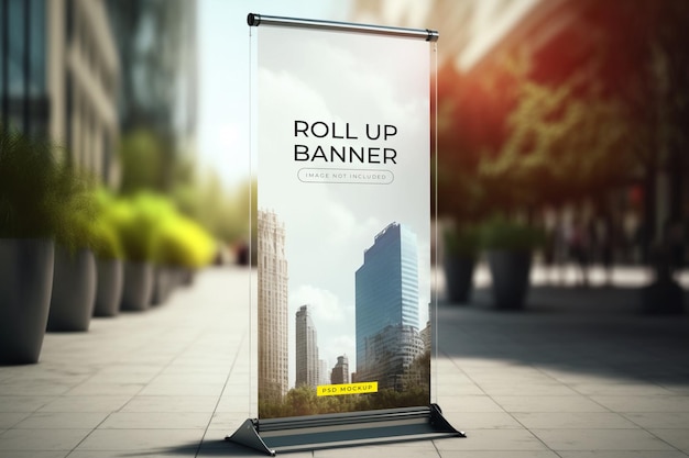 A roll up banner on a city street