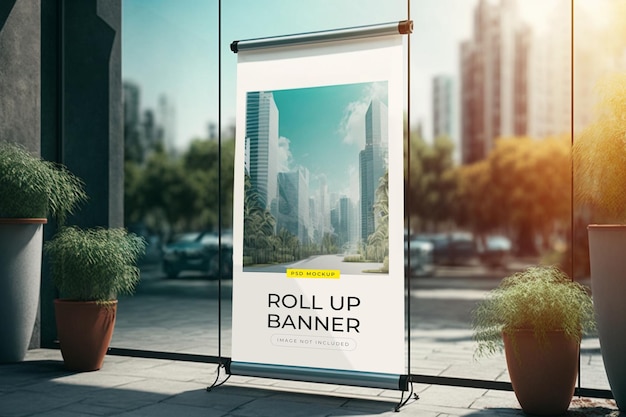 A roll up banner on a glass wall