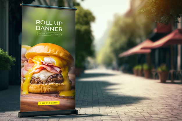 A roll up banner on a sidewalk