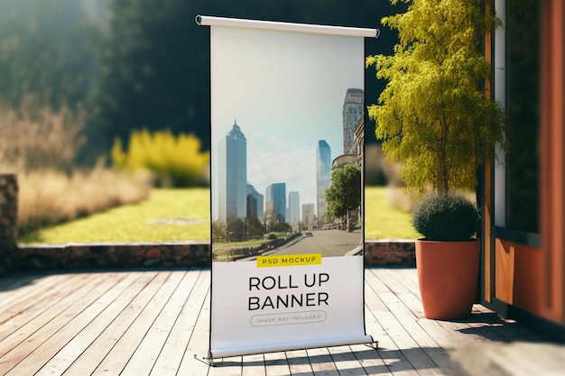 A roll up banner on a wooden deck