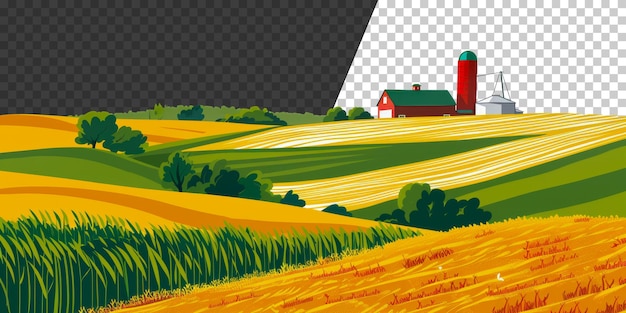 PSD rolling hills and a red barn in a summer farm landscape cut out stock png