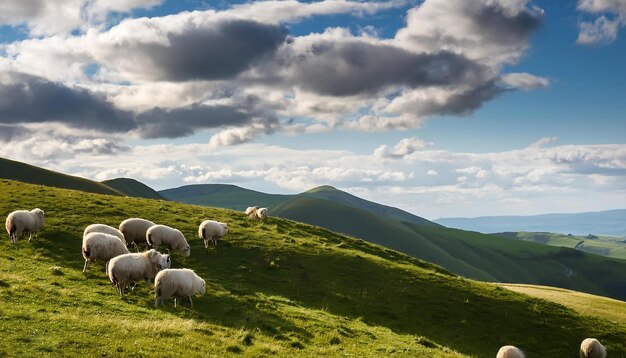 PSD a rolling hillside with sheep grazing under a partly cloudy sky