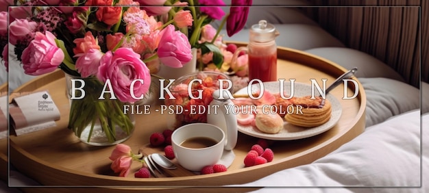 PSD romantic breakfast in bed with flowers and tea