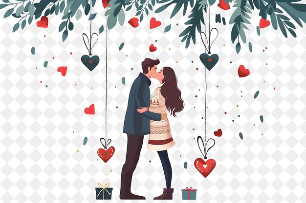 PSD romantic christmas proposal with couple kissing under the mi illustration christmas art design