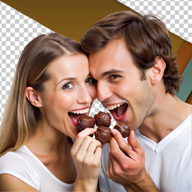 romantic couple eating chocolates with chocolaty face