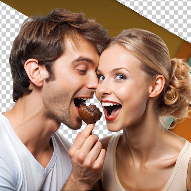 PSD romantic couple eating chocolates with chocolaty face