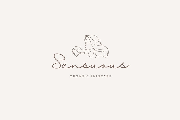 PSD romantic female with long beauty hair silhouette organic natural care line art logo