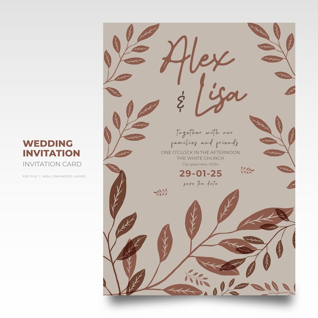 Romantic Floral wedding invitation card template with beautiful leaves