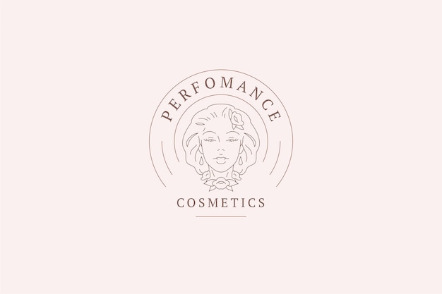 Romantic floral woman face circle line logo design template