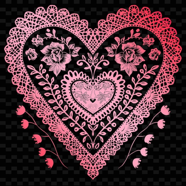 Romantic Heart Folk Art With Lace Pattern and Rose Embellish Illustration Decor Motifs Collection