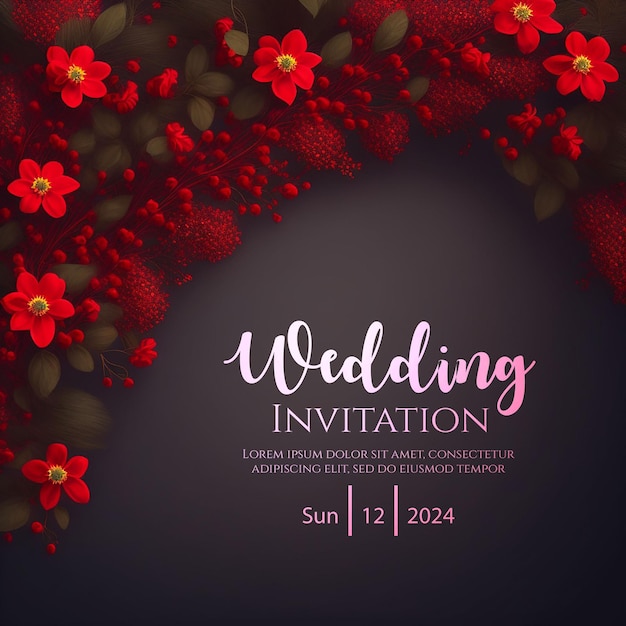 PSD romantic red floral wedding invitation on dark elegant backgroundluxurious goldframed save the date