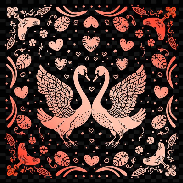 Romantic Swan Folk Art With Feather Pattern and Heart Detail Illustration Decor Motifs Collection