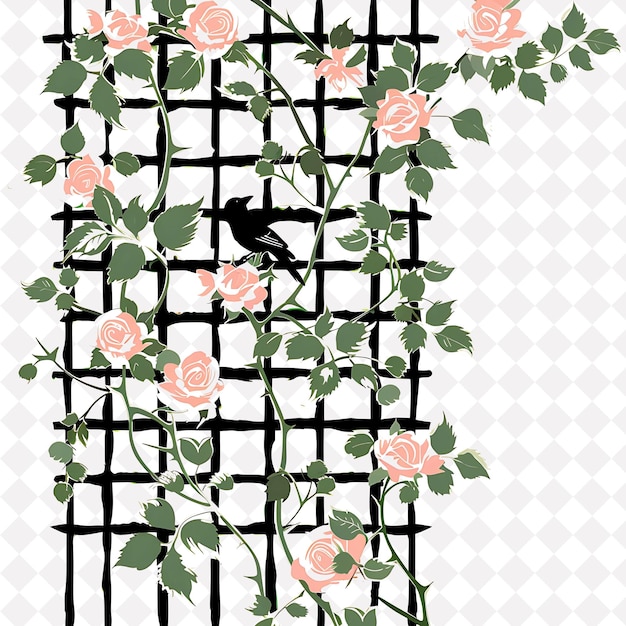 PSD romantic trellis made from wood featuring climbing roses and outline natural decorative design