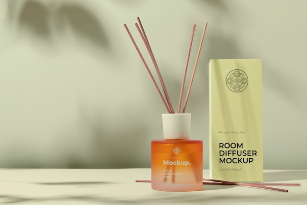 Room diffuser label mock-up with bottle and sticks