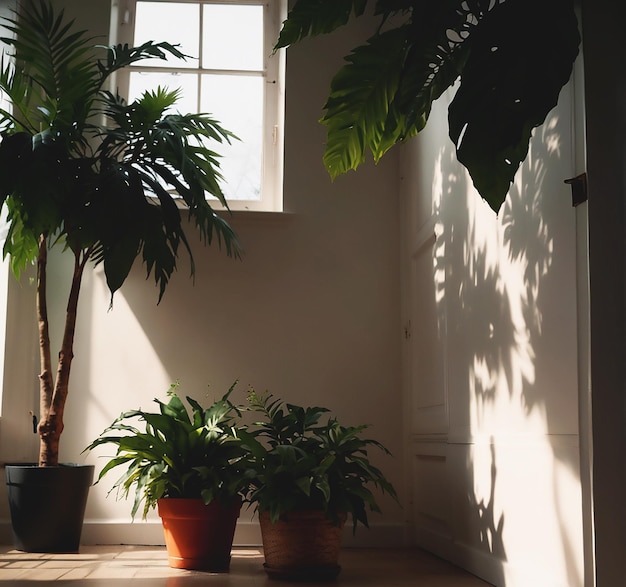 A room with plants and a wall that says