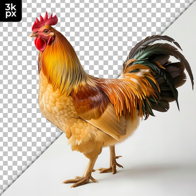 a rooster with a black tail and a white background with a black border