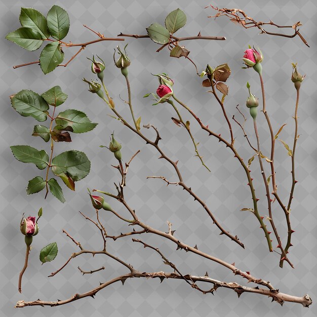 PSD rose branches with a thorny curved form thin flexible twigs isolated top object of tropical plant